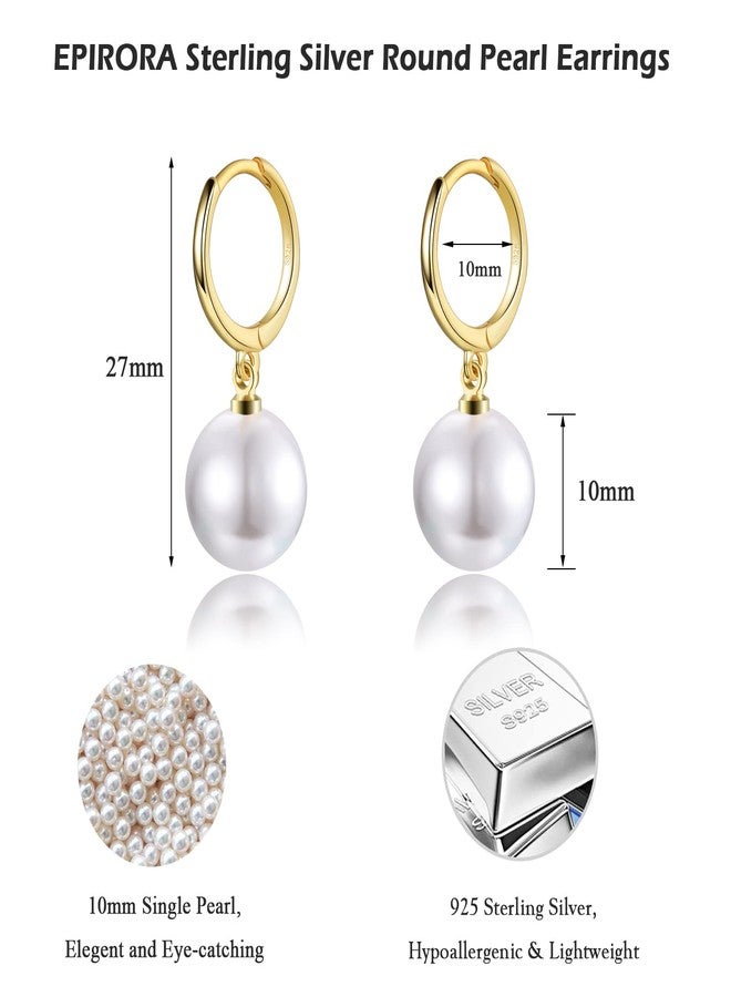 EPIRORA Sterling Silver Simulated Shell Pearl Hoop Earrings Dangle Drop Earrings Jewelry for Women 10mm, Gold (Round) - Image 5